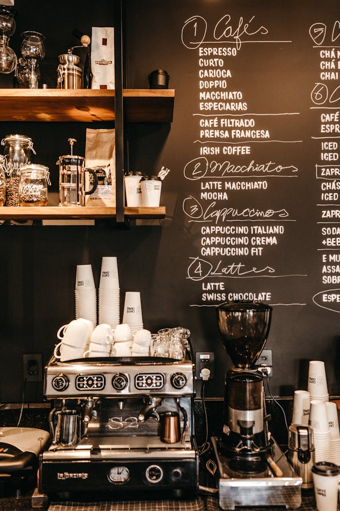 Charming coffee shop with espresso machine and menu, Brazil.